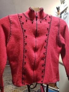 Vintage Cardigan Norm Thompson Women's Red Black Pompon full zip Sweater size XL